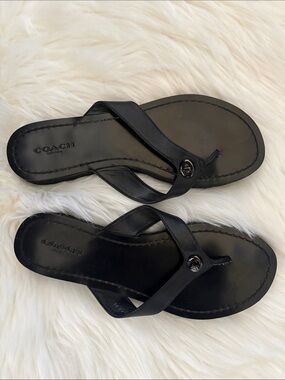 Coach Black Leather Thong Sandals with Signature Stud